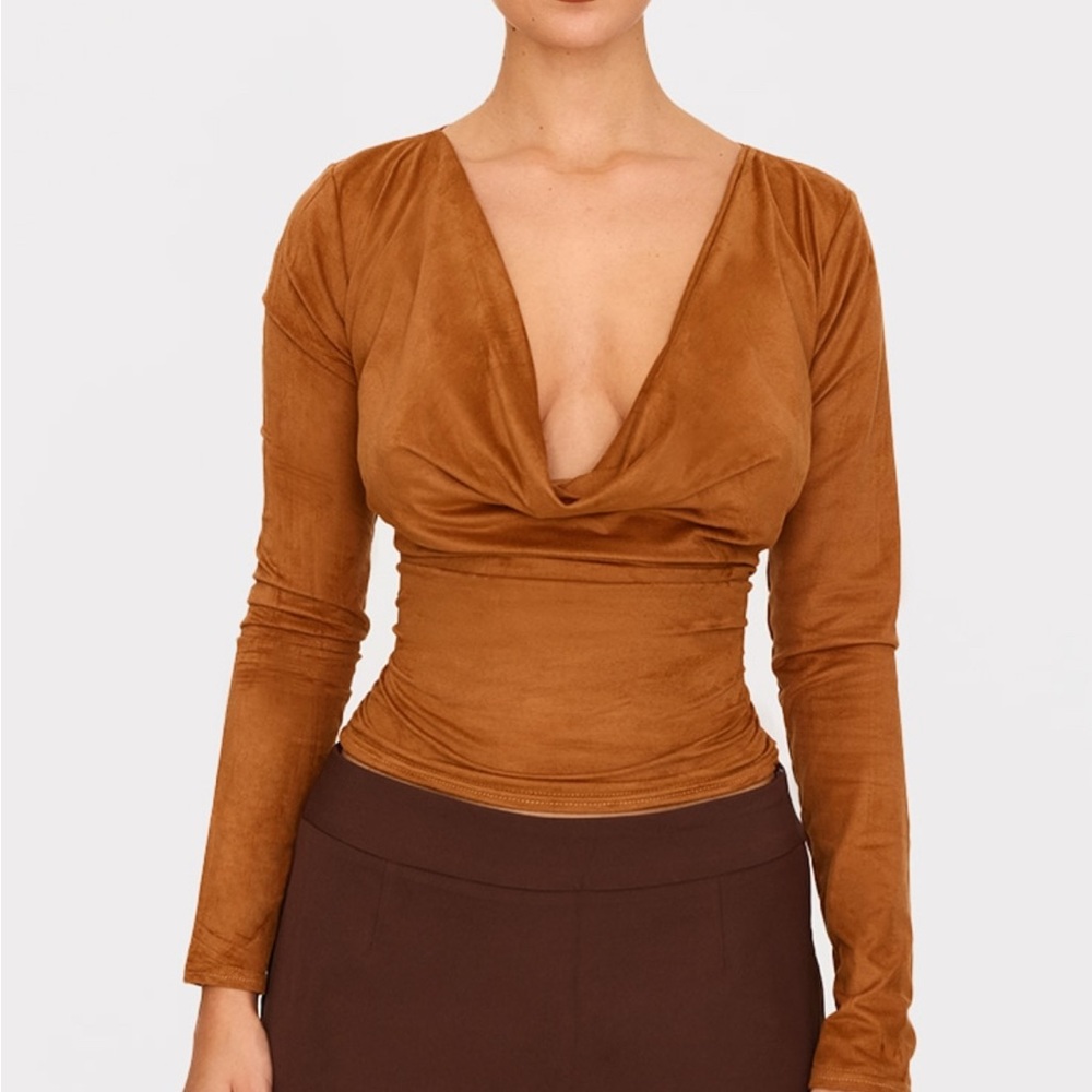PrettyLittleThing Tan Faux Suede Cowl Neck Top - Size 10